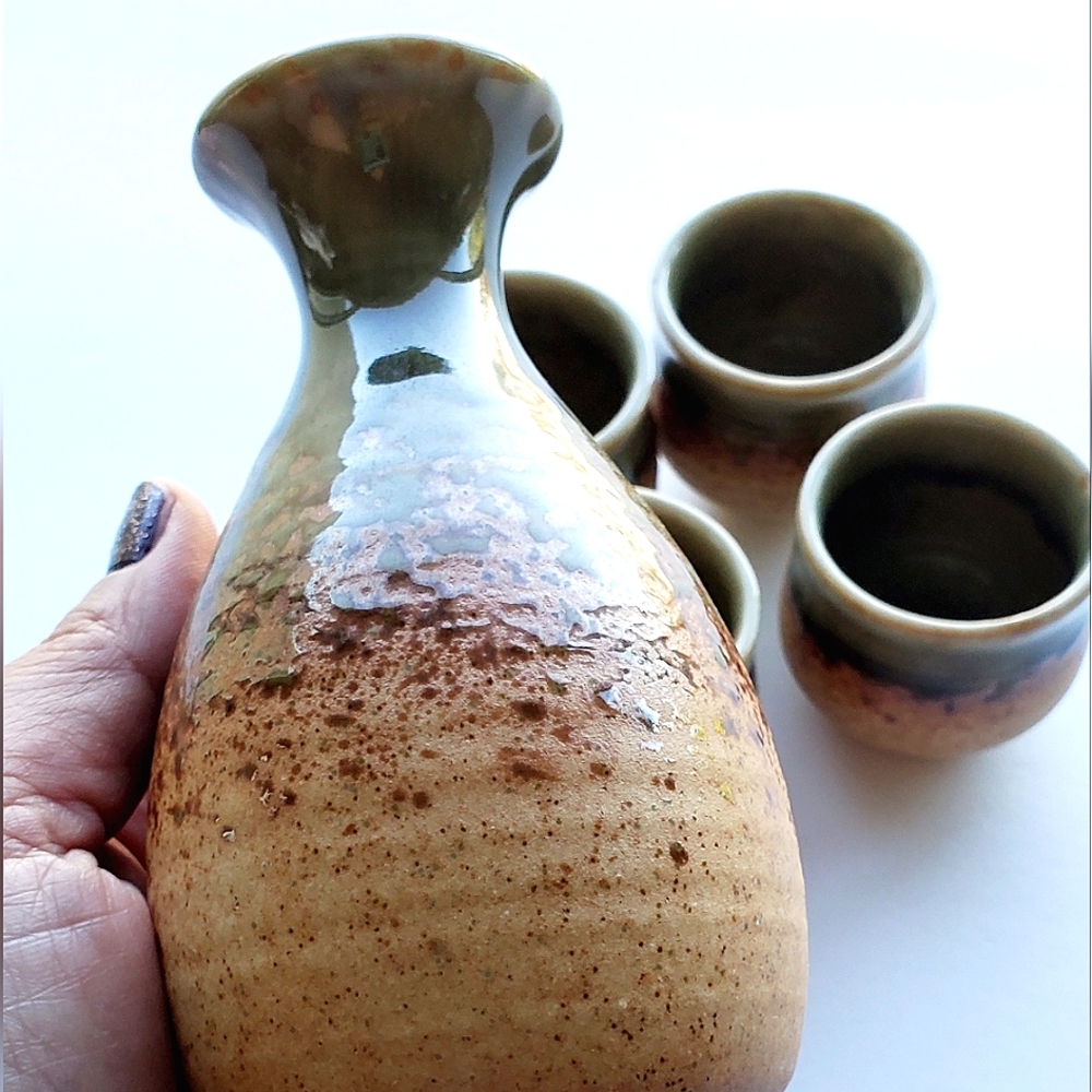 Mino Ware Japanese Sake Set Of 5 Green Brown Oribe Glazed Ceramic Pottery
